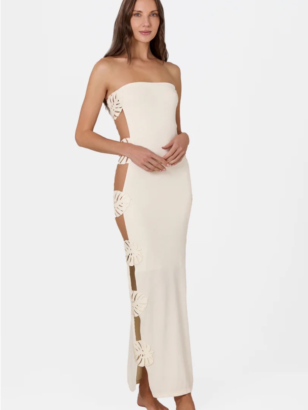 Strapless Cream Maxi Dress with Floral Cutouts